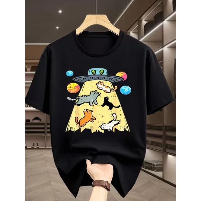 Camiseta Manga Curta Estampada de Gatos e Nave Espacial Fofa Divertida Estilosa Confortável para Moda Casual Tendência