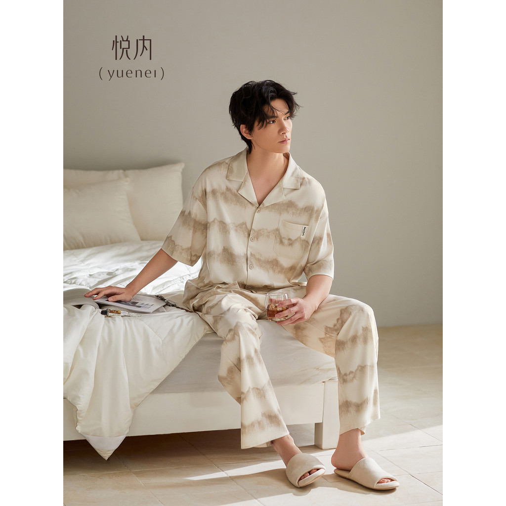 Yuenei pijamas masculinos verão Modal calças de manga curta estilo fino Homewear Casual tamanho grande estilo chinês tin
