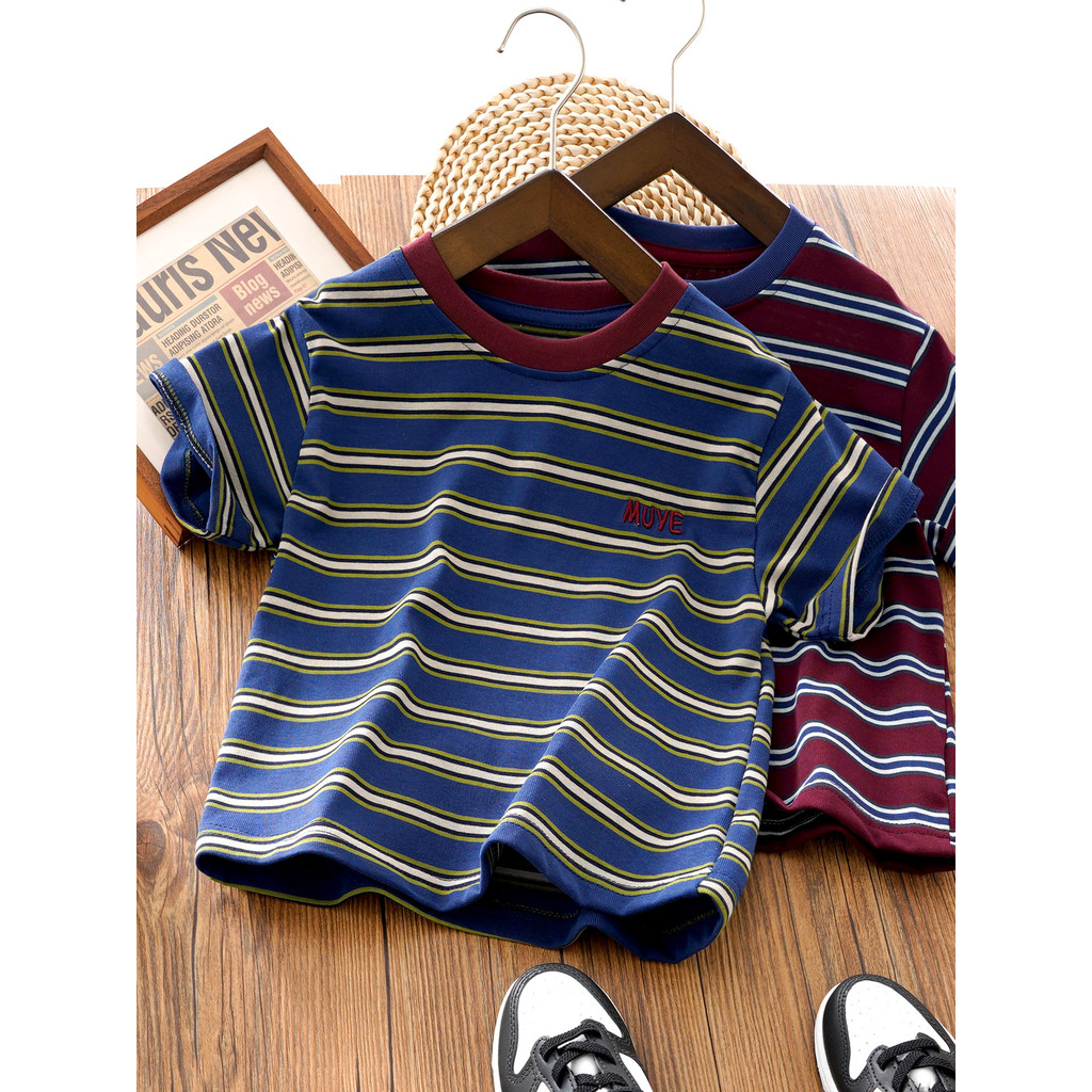 Crianças camiseta de manga curta 2026 roupas de verão meninos versão coreana listrado meia manga t bebê crianças moda Ba