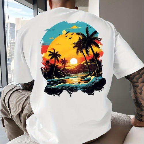 Camiseta Camisa Masculina Tropical Pôr do Sol Praia Mar Palmeiras Estampada Streetwear Retrô Preta 100% Algodão