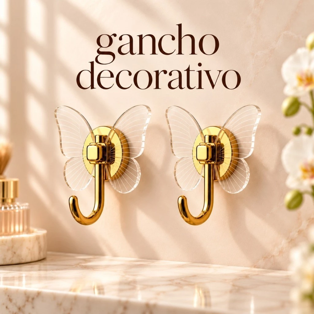 Kit Ganchos Adesivos Borboleta Multiuso Transparente Dourado — imagem 1