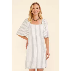 Vestido Curto Feminino Listrado Lurex Marialícia Bege