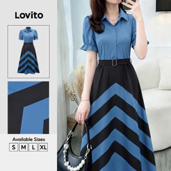 Lovito Vestido Azul Casual Geométrico Com Botões Babados E Barra Evasê Para Mulher DRK9BR148
