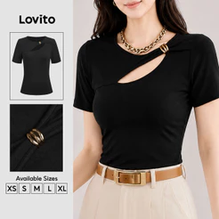 Lovito Camiseta Casual Feminina Preta Corte Assimétrico Primavera/Verão TSB202P2D167