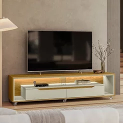 Rack Contemporâneo para TV até 65 Polegadas com LED MDF 175cm Rodízios Loop Cedro/Off White Freijó/Off White