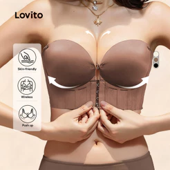 Lovito Casual Sutiã Sexy de Malha Macia Sem Fio com Bojo Push-up Botão Frontal Sutiã Marrom para mulheres LNE117124