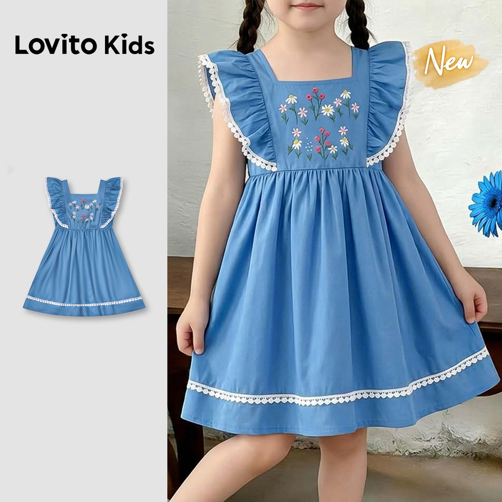 (New Arrival) Lovito Kids Vestido Azul Floral Casual Para Menina Com Babados De Renda Comprimento Até O Joelho E Corte Evasê Para Primavera Verão Férias E Fins De Semana Bordado DRB210BK035