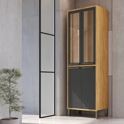 Paneleiro Duplo com 4 Portas e Vidro Reflecta 100% MDF Vicenza Espresso Móveis Cinza/Amêndoa/Chumbo Amêndoa/Chumbo