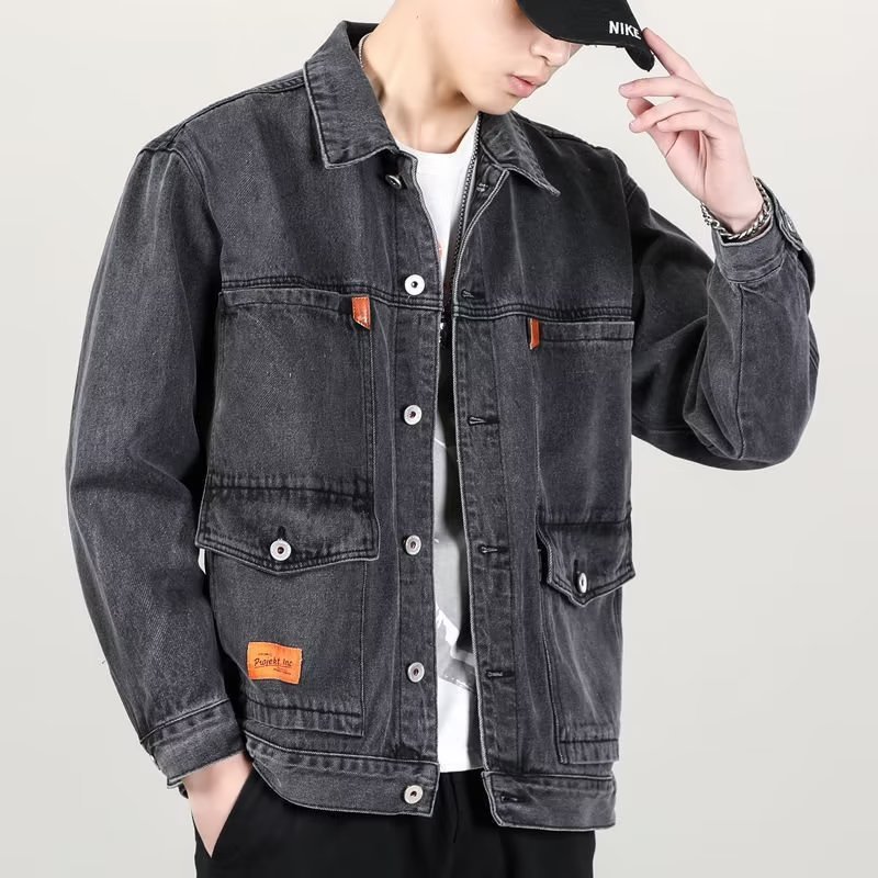 Jaqueta jeans retrô cinza fumaça masculina, novo estilo, simples, moderna, solta, roupa de trabalho, jaqueta jeans