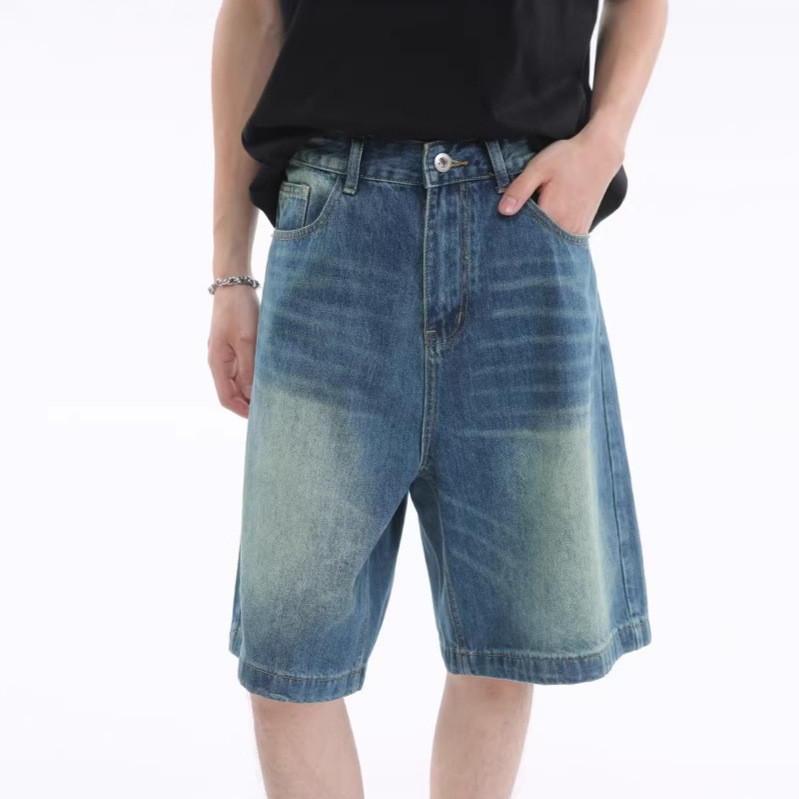 Verão novo estilo americano Retro angustiado azul Denim Shorts masculino solto em linha reta calças de cinco pontos All-