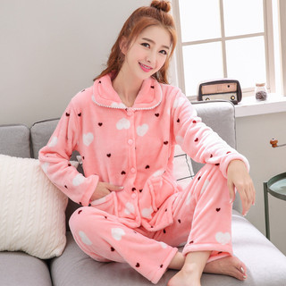 Simples versão coreana pijamas femininos outono inverno Coral velo Cardigan calças de duas peças engrossado roupas quent
