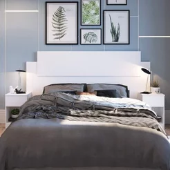 Cabeceira Casal 265cm MDP com 2 Mesas de Apoio para Dormitórios Branco Branco/Gelo