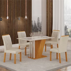 Conjunto Sala de Jantar Mesa 4 Cadeiras Tampo de Vidro Miami Yescasa Off White Freijo/OffWhite/Palha
