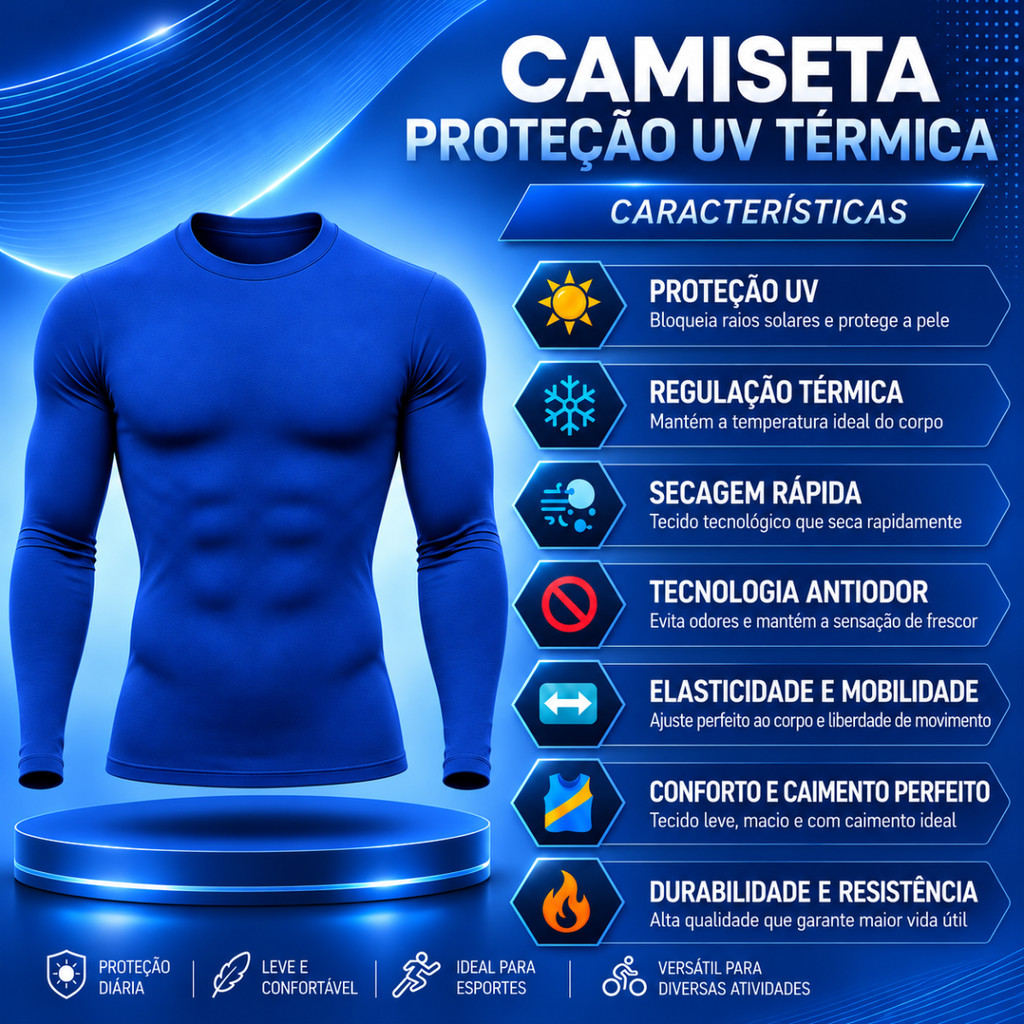 Camiseta Proteção Solar Uv 50+ Azul Royal Segunda Pele Masculina Térmica Frio e Calor Treino