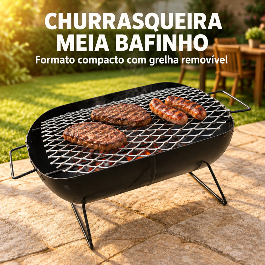 Mini Churrasqueira Meia Bafinho Portátil a Carvão Ferro Pequena com Grelha Removível Alças Camping Viagem