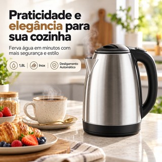 Chaleira Elétrica Inox 1.8 Litros Desligamento Automático Aquecimento Rápido