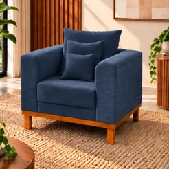 Poltrona Sala Premium Beny Suede Azul Com Almofadas Decorativas Madeira Estofados