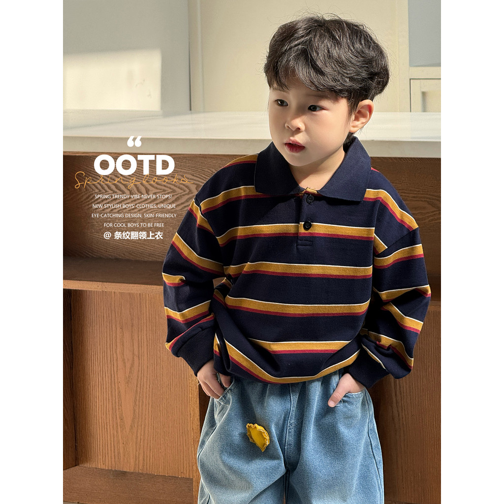 Meninos primavera listras contraste cor camisa POLO de manga comprida camiseta primavera outono crianças soltas versão c