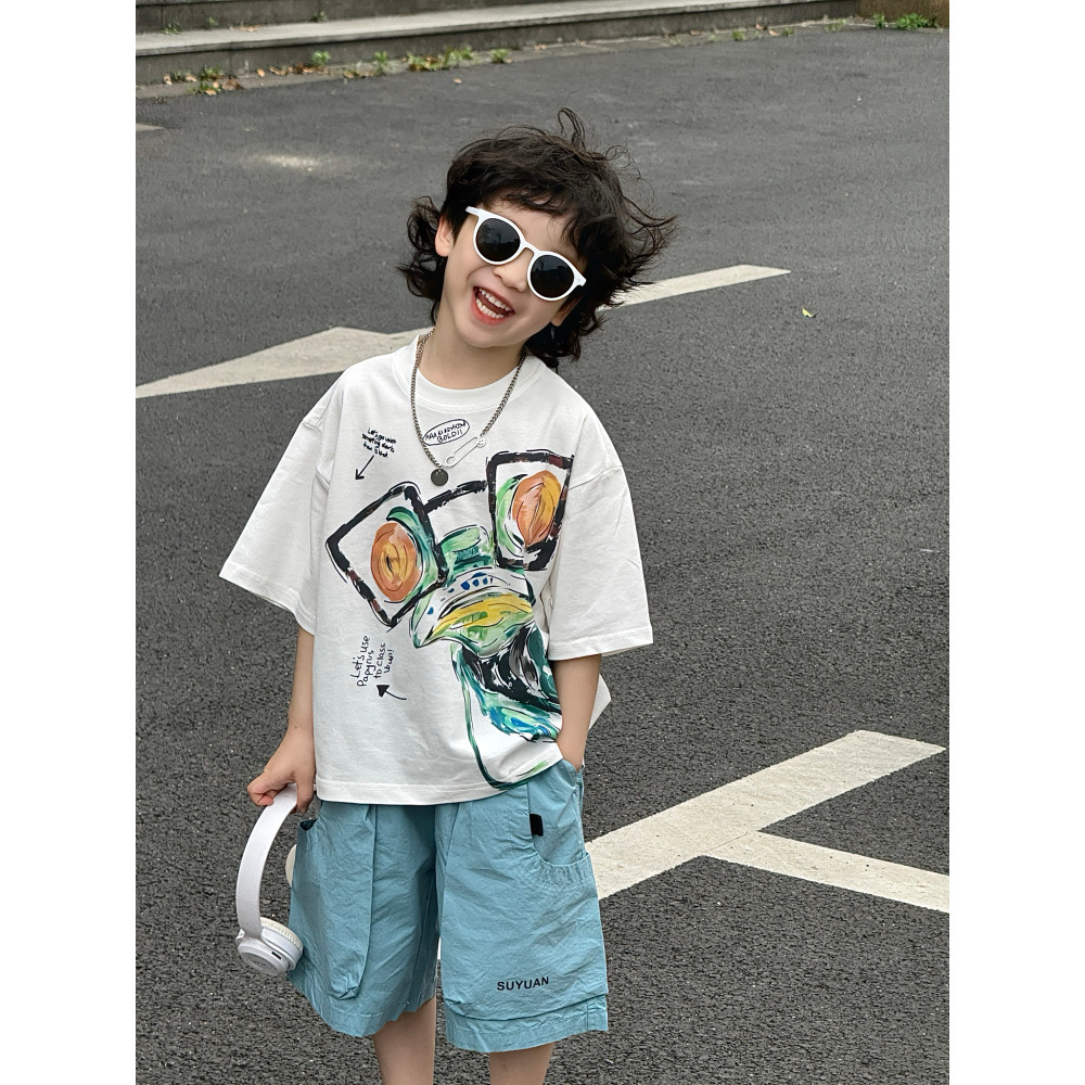 Meninos verão camiseta de manga curta 2026 novo estilo crianças verão versão coreana meia manga menino dos desenhos anim