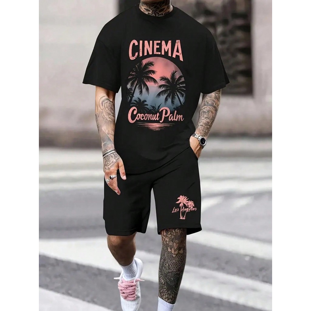 Conjunto Masculino 2Pçs Camiseta Gola Redonda Bermuda Casual Adequado Verão Estampa Personalizada Manga Curta Simples