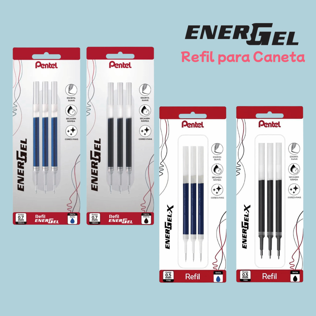 Refil para Caneta Pentel EnerGel  (3 Unidades) - 0.5mm ou 0.7mm | Preto e Azul | Recarga Original