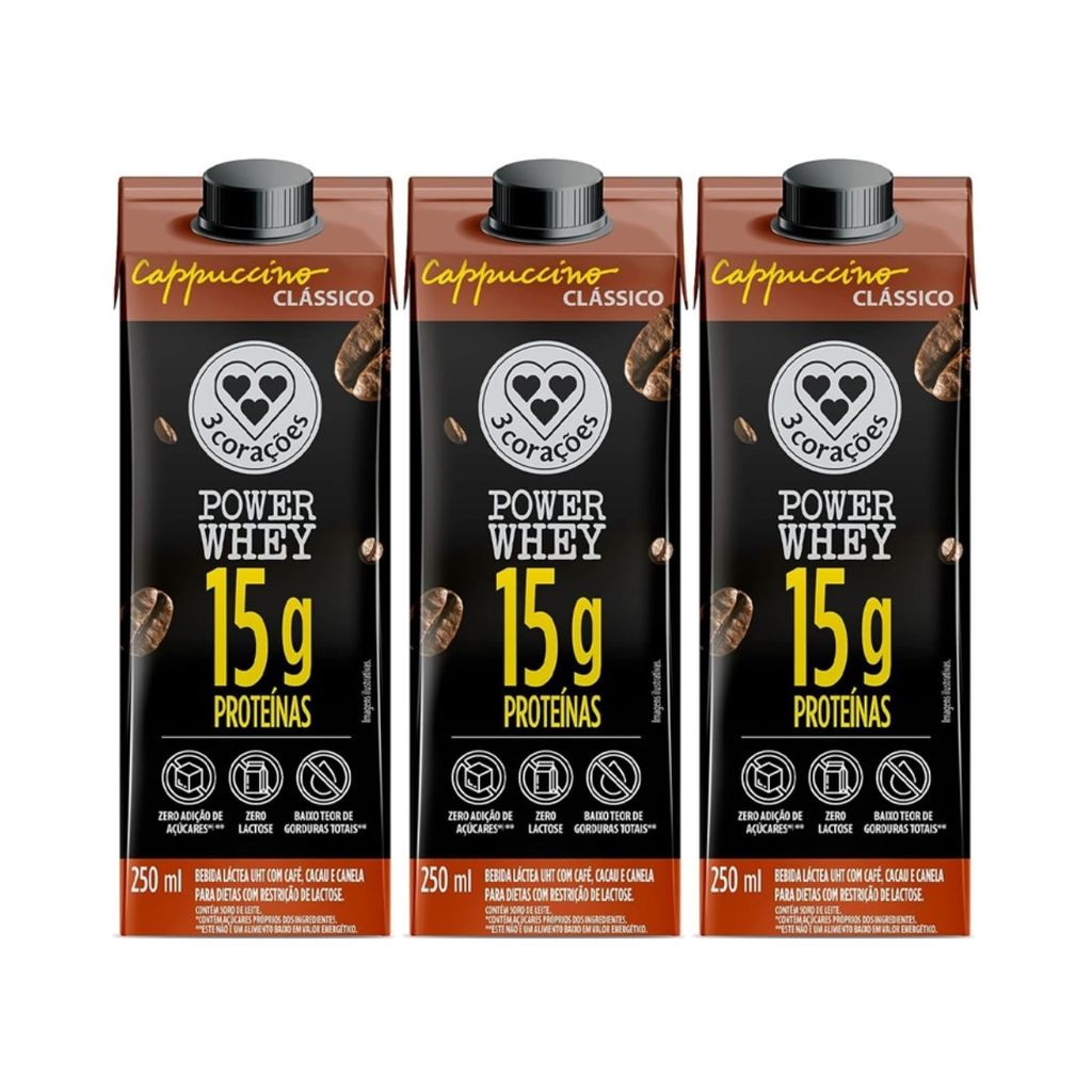 KIT 3 CAPPUCCINO 15G PROTEINA POWER CLASSICO 250ML 3CORAÇÕES