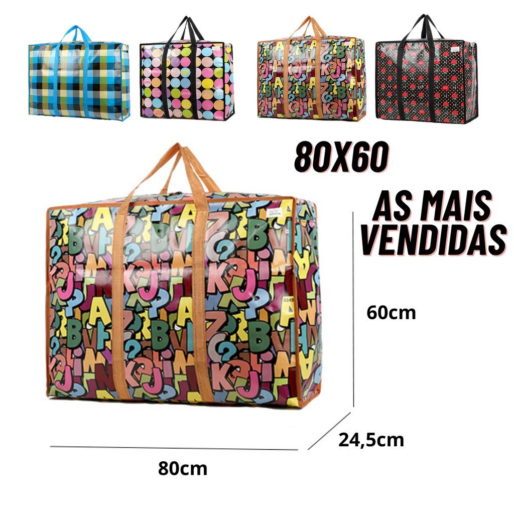 Sacola de Feira Grande Impermeável com Zíper – Estampa Sortida para Compras, Viagens e Utilidades
