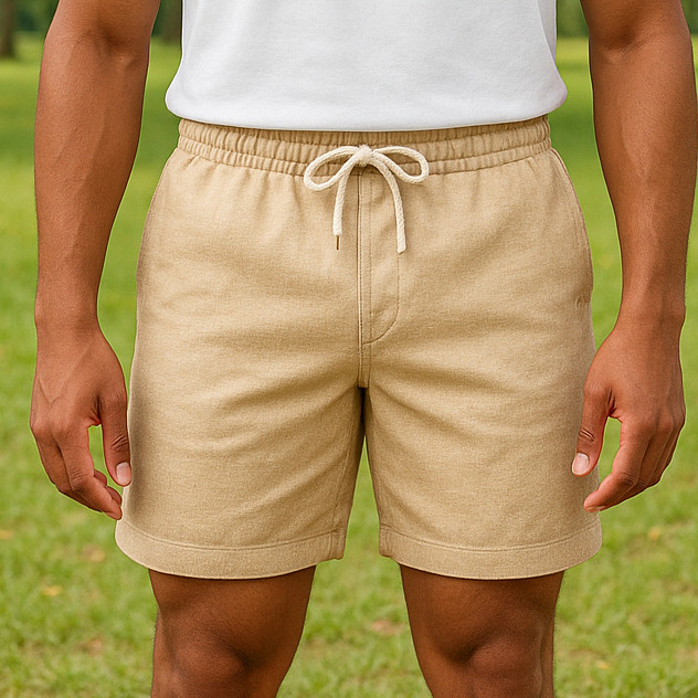 Short Linho Masculino Bege Bermuda de Cintura Elástica Plus Size com Bolsos Casual Praia Passeio