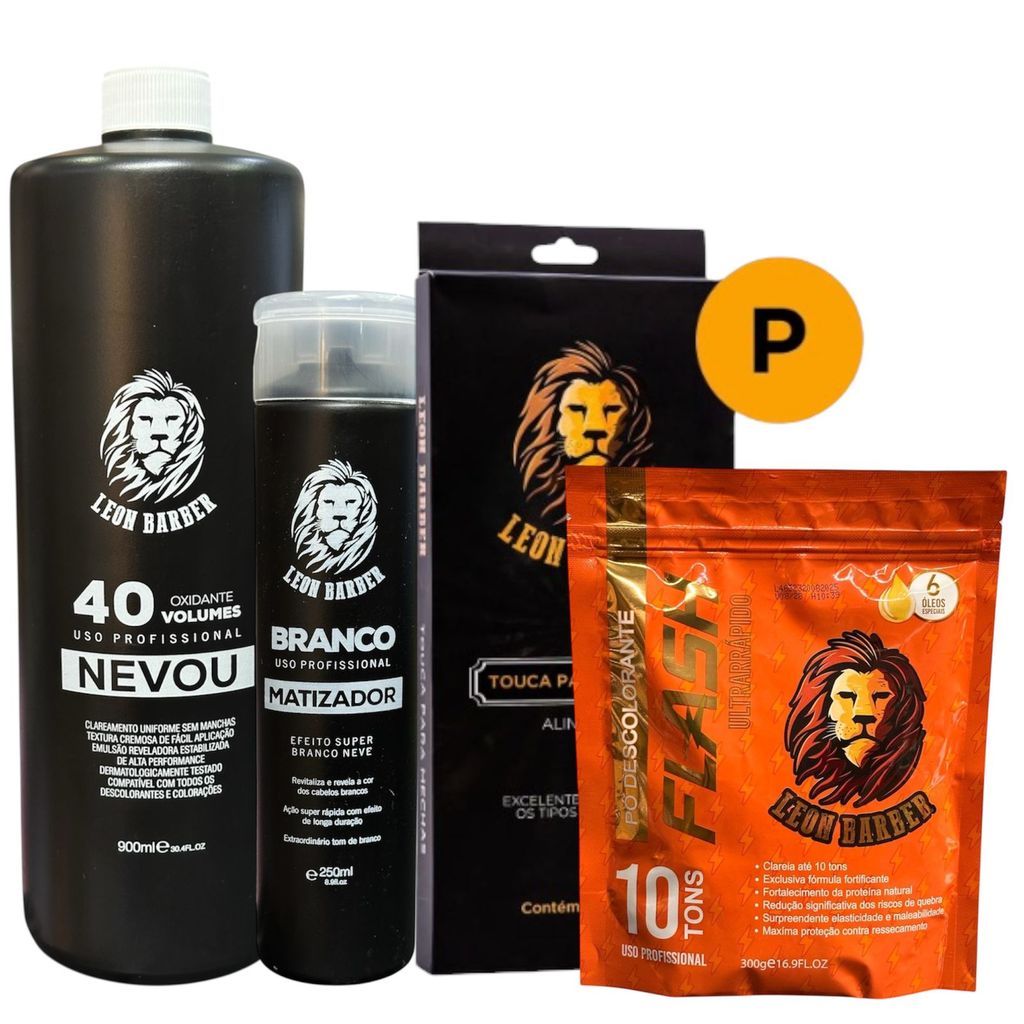 Kit Touca P + Pó Descolorante Ametista FLash 300g + Matizador 250ml + Água Oxigenada 900ml (40 Volumes) – Leon Barber