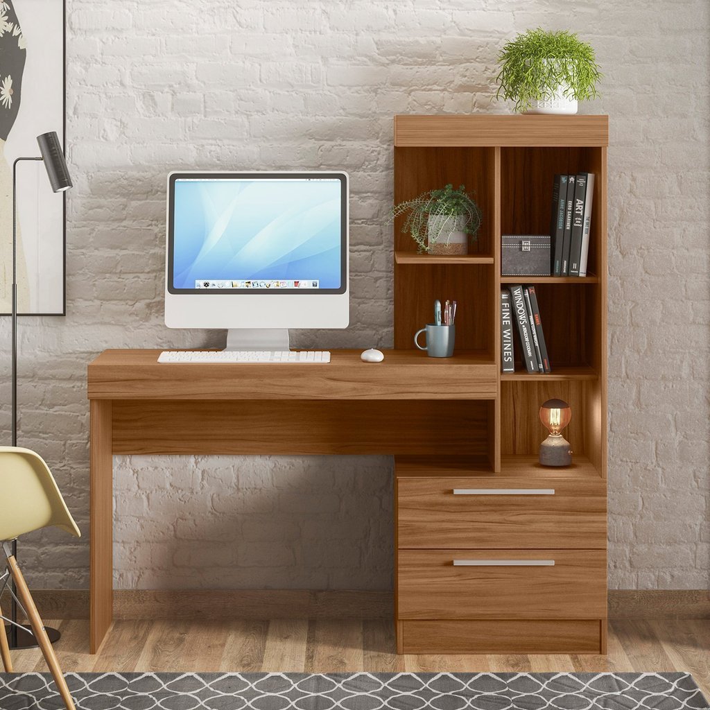 Escrivaninha Mesa Escritório com Estante 2 Gavetas Office Nt 2010 Freijó em Oferta na Shopee