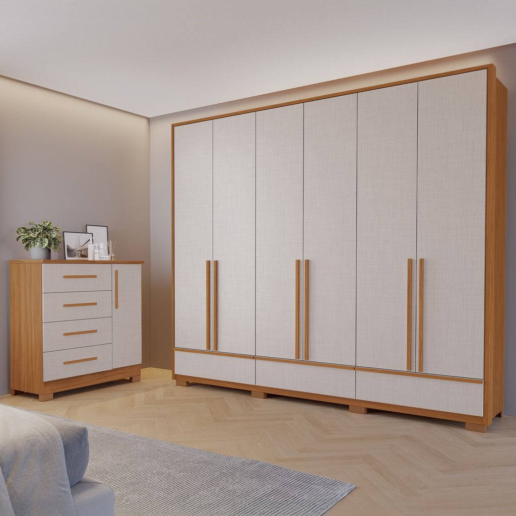 Conjunto de Quarto com 1 Guarda-Roupa e 1 Cômoda Marrom/Freijo/Off White