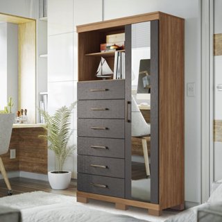 Multi-cômoda 1 Porta 6 Gavetas Marabá com Espelho e Pés Jatoba/Grafite em Oferta na Shopee