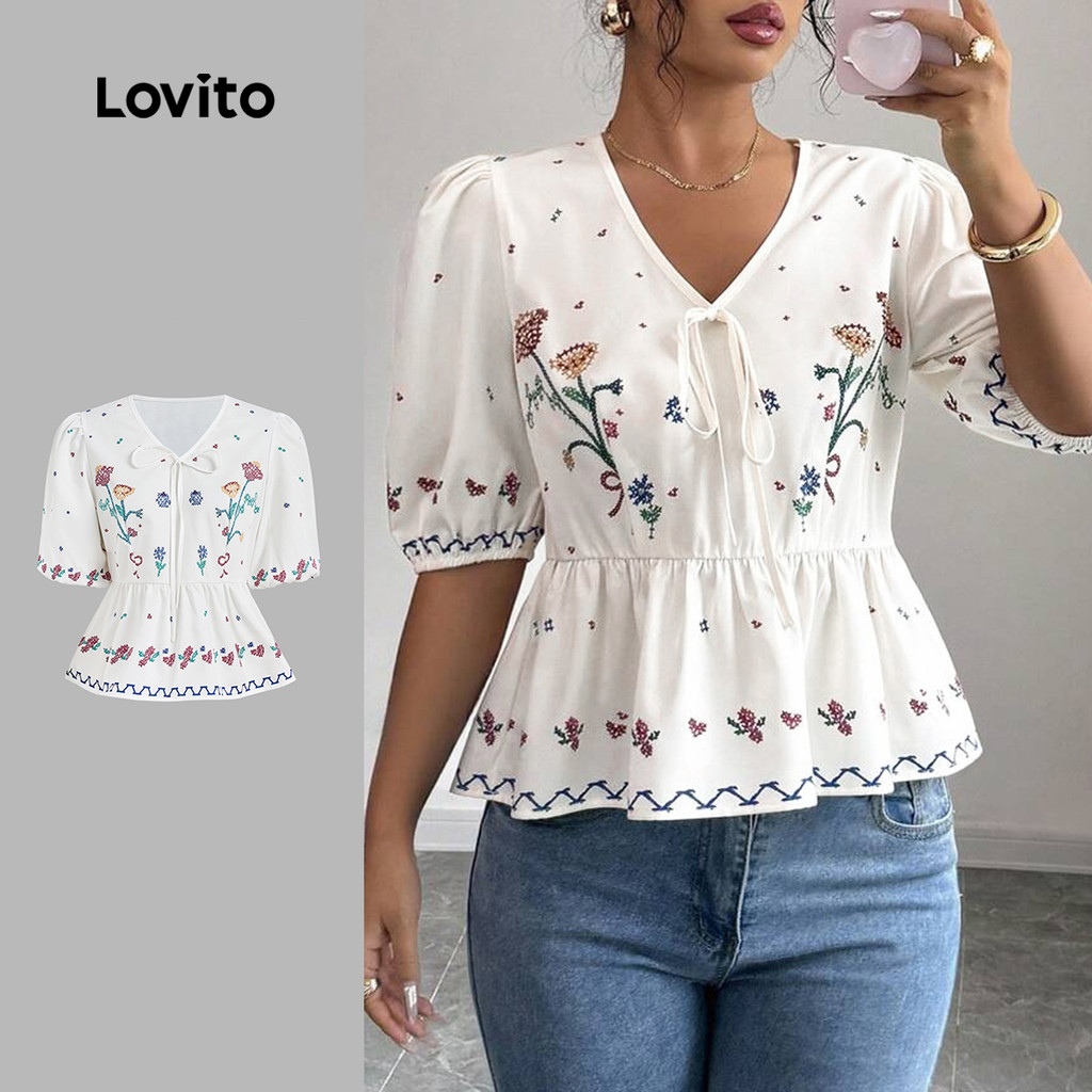 Lovito Blusa Fofa com Babados para Primavera/verão para mulheres LBL29343