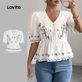 Lovito Casual Blusa Feminina Fofa com Babados para Primavera/verão Blusas Femininas em Alta LBL29343