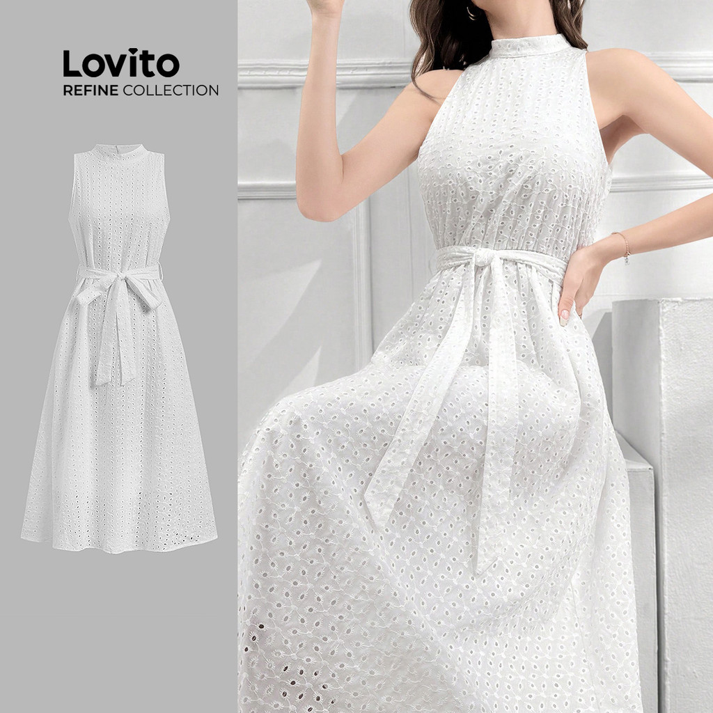 (Lovito Refine) Vestido Elegante com Cinto de Duas Camadas Primavera/verão branco LR21E084 em Oferta na Shopee