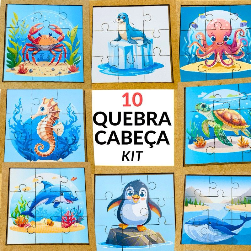 Kit 10 Quebra Cabeça Mdf 9 Peças Jogo Pedagógico Infantil Educativo Animais Marinhos Mar