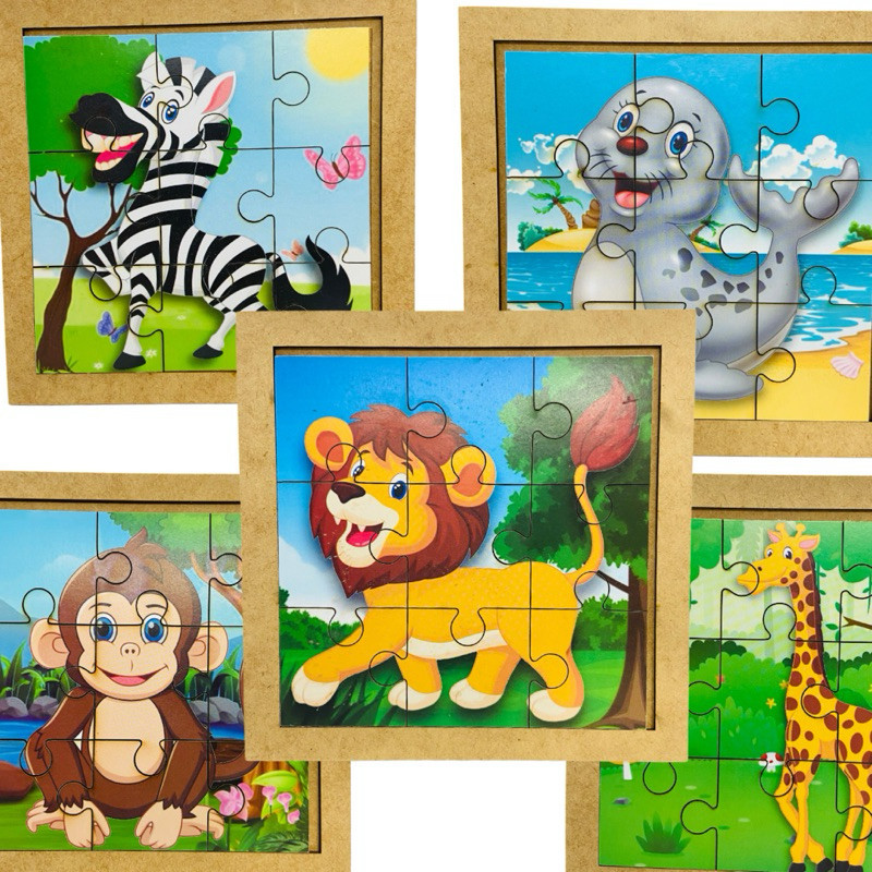 Kit 5 Quebra Cabeça Mdf 9 peças Jogo Pedagógico Lúdico Safari Animais