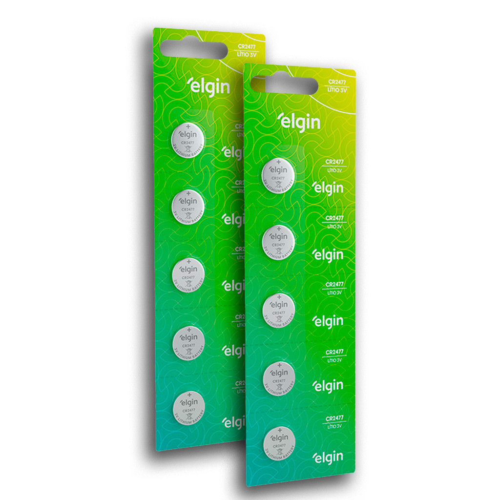 Kit 10 Bateria Lítio Elgin CR2477 3v 2 Cartelas 5 Unidades Blister Alta Duração