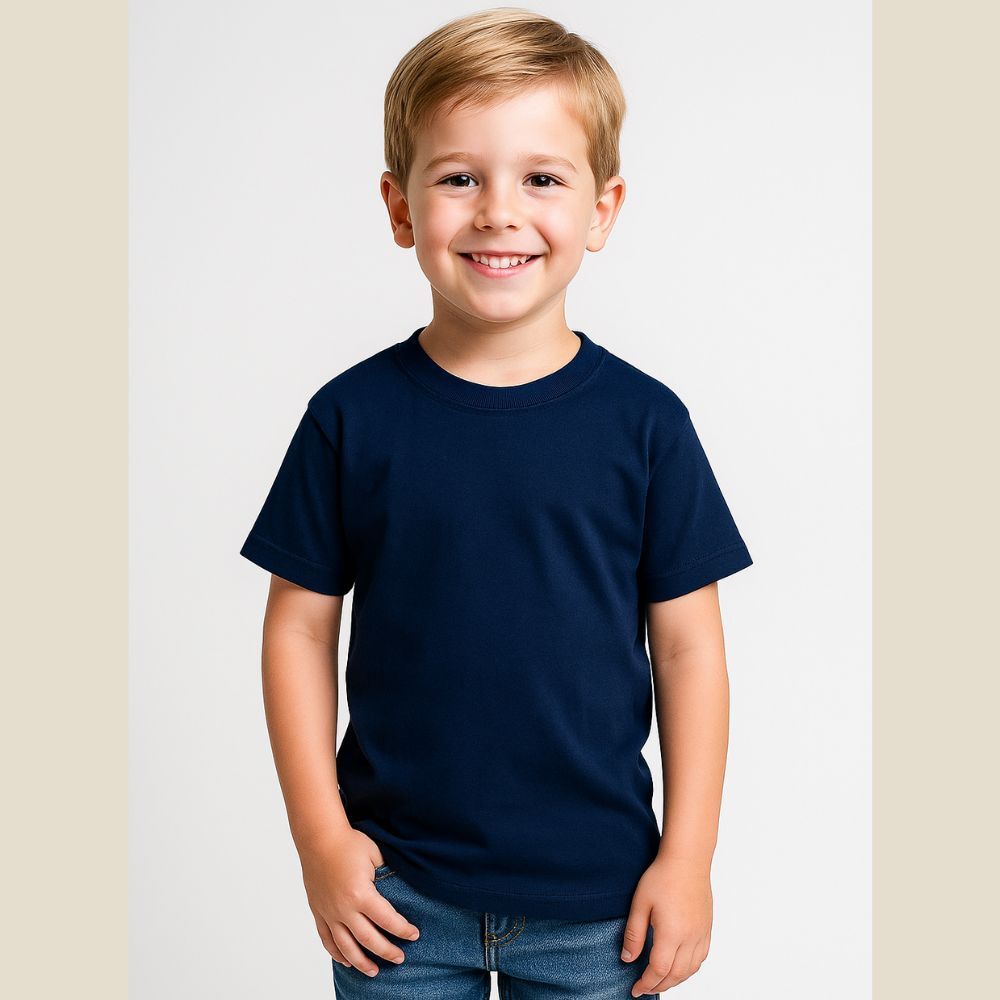 Camiseta Infantil Azul Marinho 100% Algodão Lisa Básica Masculina Leve, Confortável para o Dia a Dia