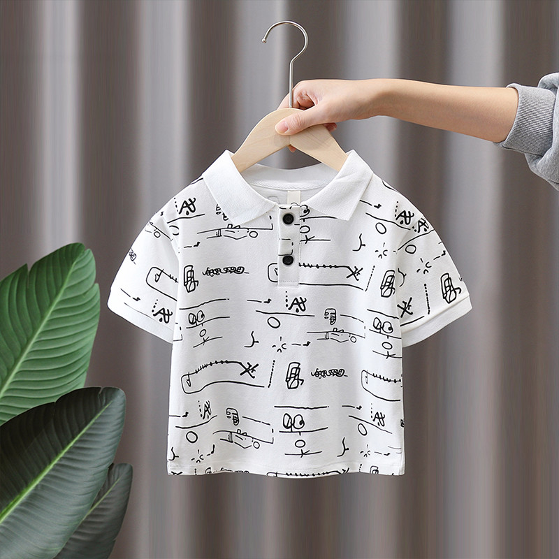 Meninos camiseta de manga curta 2026 novo estilo verão crianças Graffiti impresso topo verão fino branco camisa POLO ver