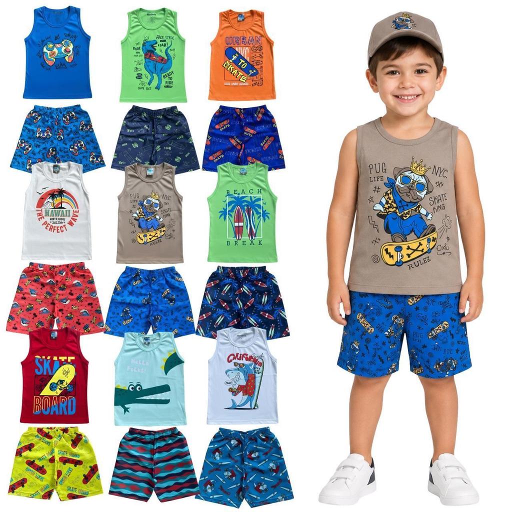 Kit 6 Peças de Regatas 3 Conjuntos para Meninos Infantil Masculino Roupa de Verão Estampado em Algodão para Calor