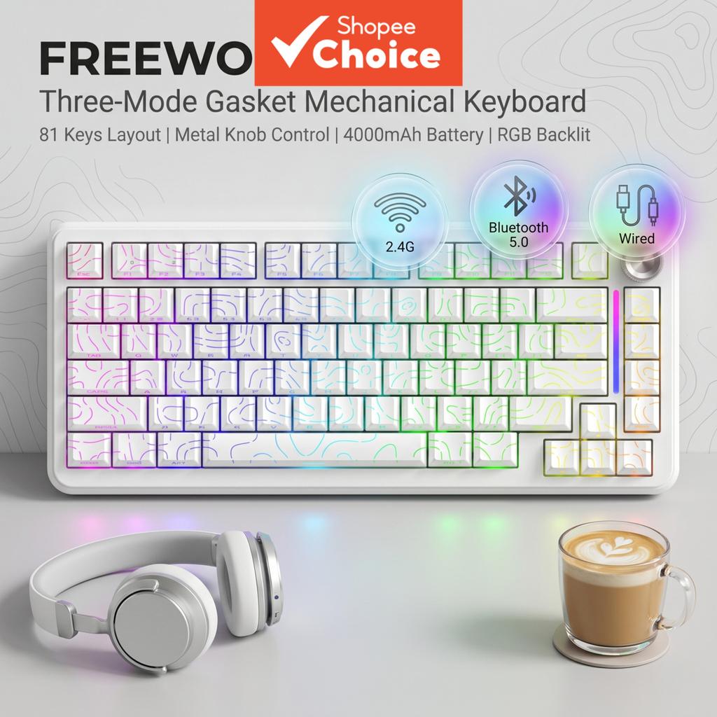 FREEWOLF F75 Teclado Mecânico Magnético 81 Teclas, Tri-Modo, com Botão de Volume de Metal, Bluetooth 5.0 Sem Fio