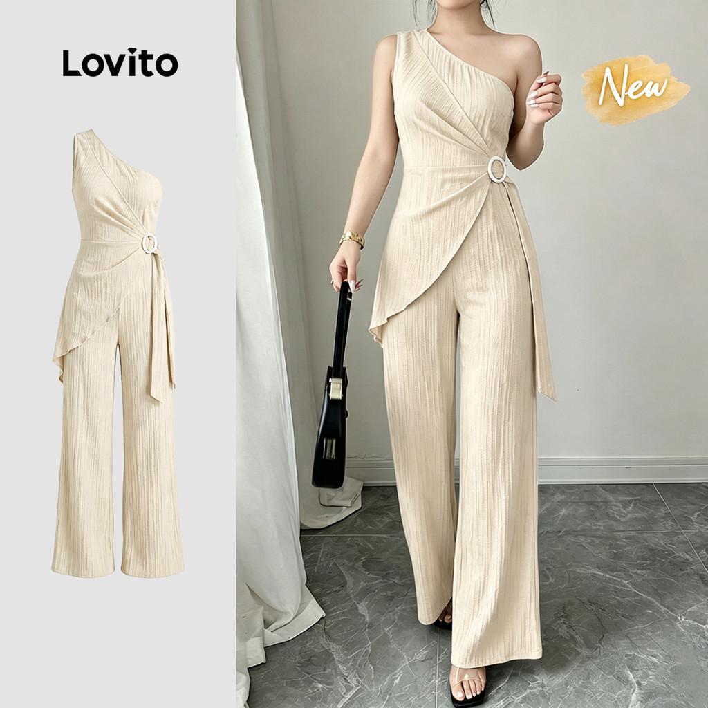 (New Arrival) Lovito Macacão Casual Feminino Cáqui Plissado com Botões primavera/verão JRK8P1D934