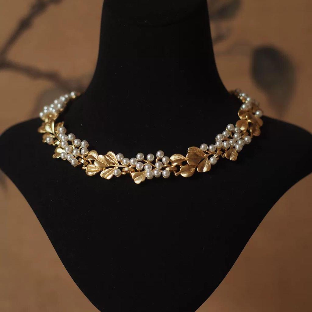 colar aço inoxidável colar Vintage Medieval ouro Ginkgo folha imitação de pérola colar feminino retro estilo palácio r