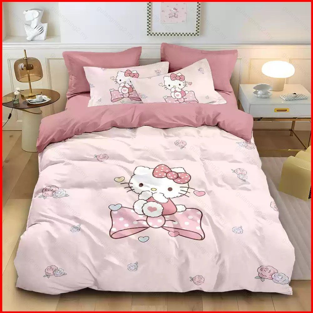 GN Hello Kitty Cute 4IN1 Lençol Capa De Edredão Fronha Conjunto De Cama Para Quarto Terno Lavável