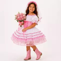 Vestido Noivinha de Festa Junina Infantil de Luxo Branco e Rosa Espartilho Super Rodado Com Tiara e Véu
