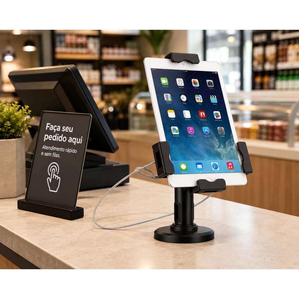 Suporte Antifurto P/ Tablet C/ Trava – Ajustável P/ iPad Samsung Mesa/Parede