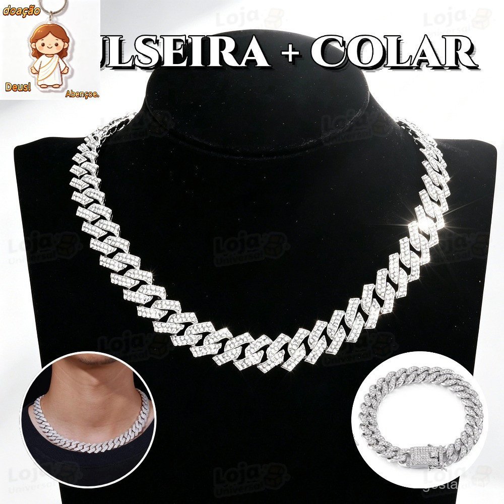 Conjunto de colar e pulseira cubano colar com corrente cravejada de diamantes colar masculino de diamantes hip hop-LU