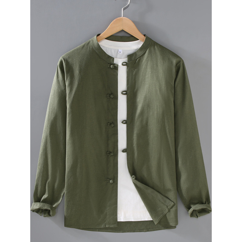 Estilo chinês botão de disco gola alta cor sólida camisa de linho linho cerimônia de meditação masculina camada de buda 