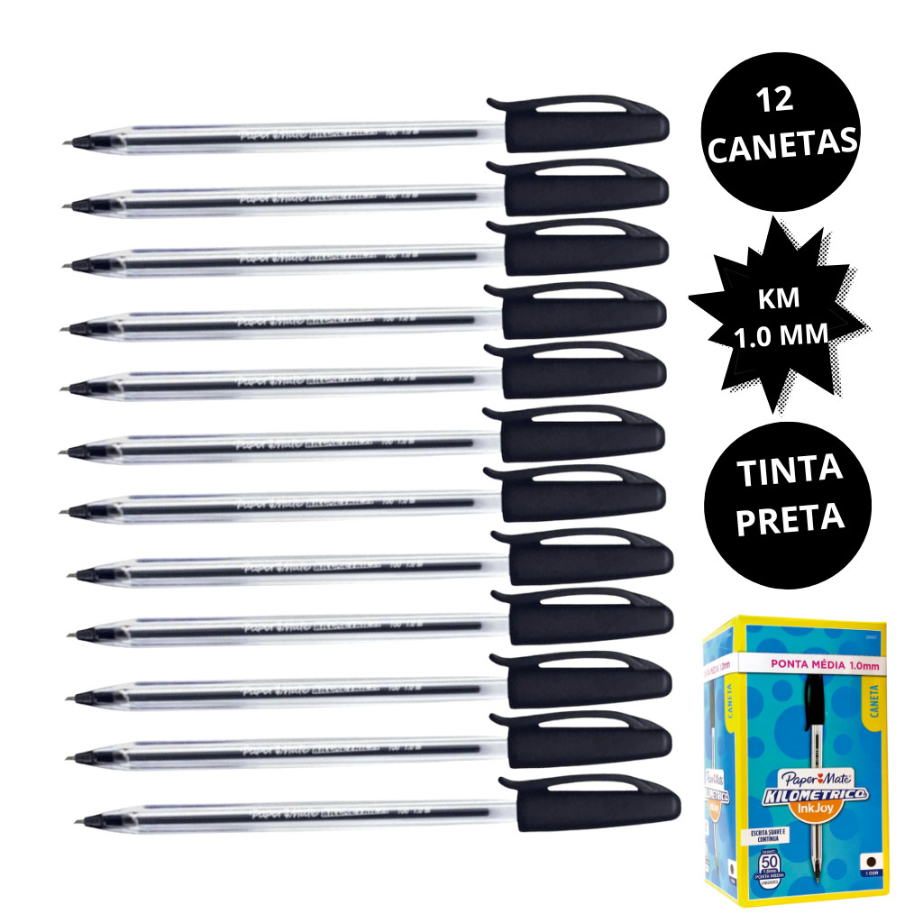 Kit 12 Canetas Kilométricas 100 PRETA 1.0mm - PAPER MATE